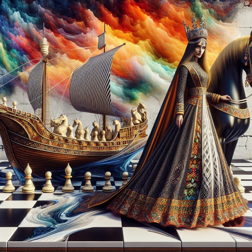 Chessboard Ship in a Bottle with Persian Woman
