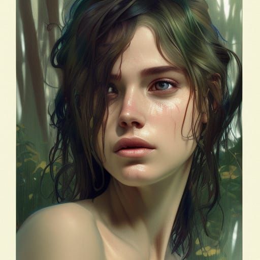 Naturist Waterfall Portrait in Hyperdetailed Splash Art