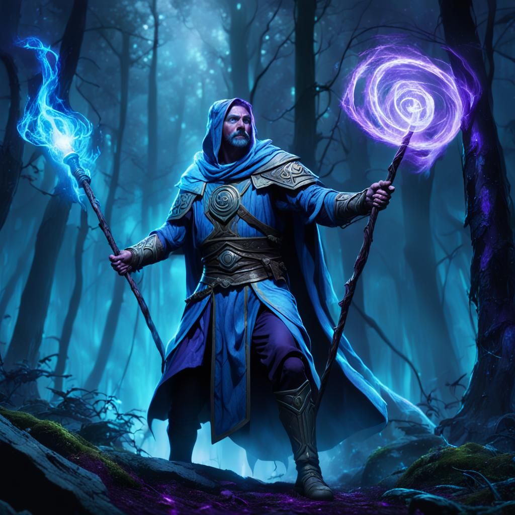 Cleric Fighter Casting Spell in Mystical Forest