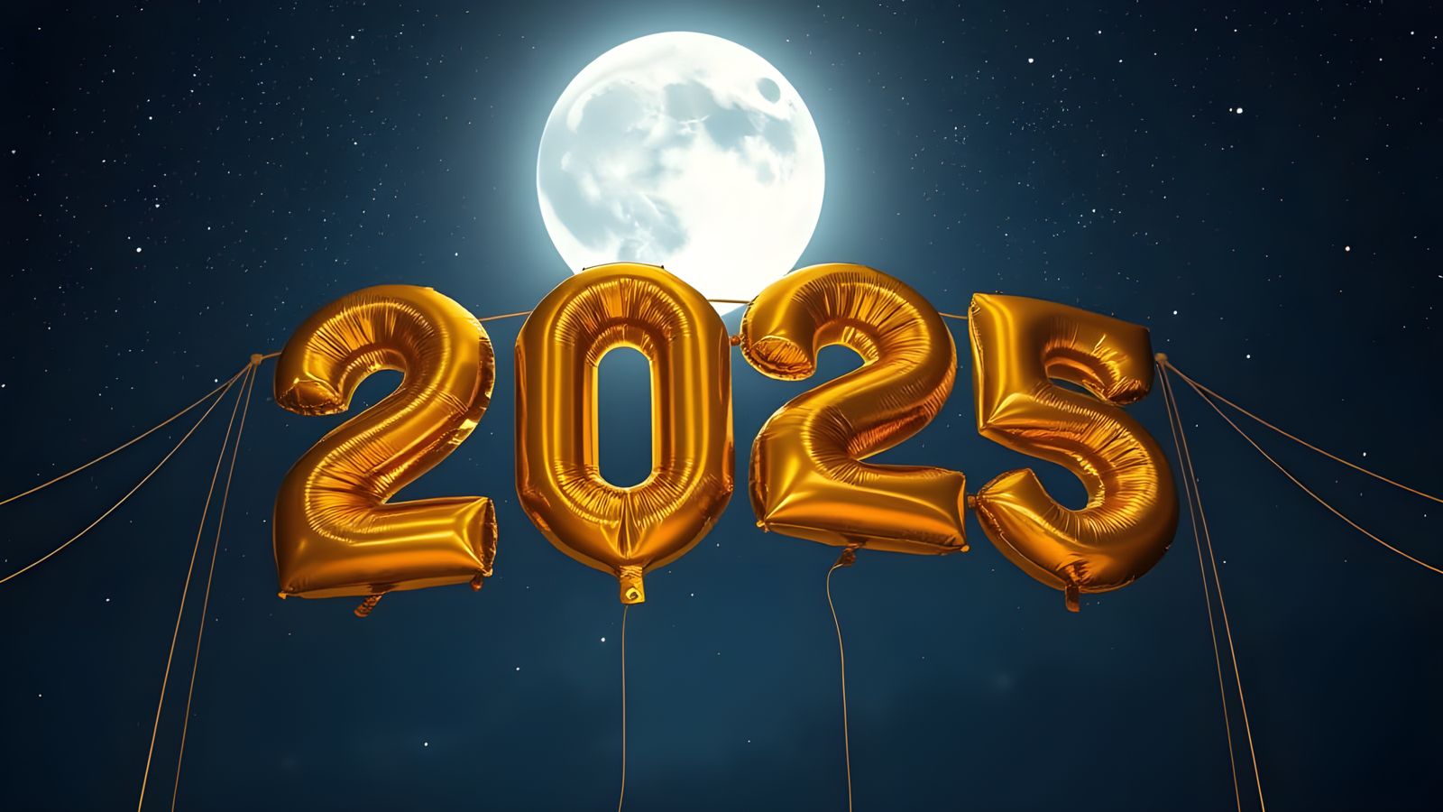 2025 Countdown in Vibrant Golden Balloons Under Starry Night...