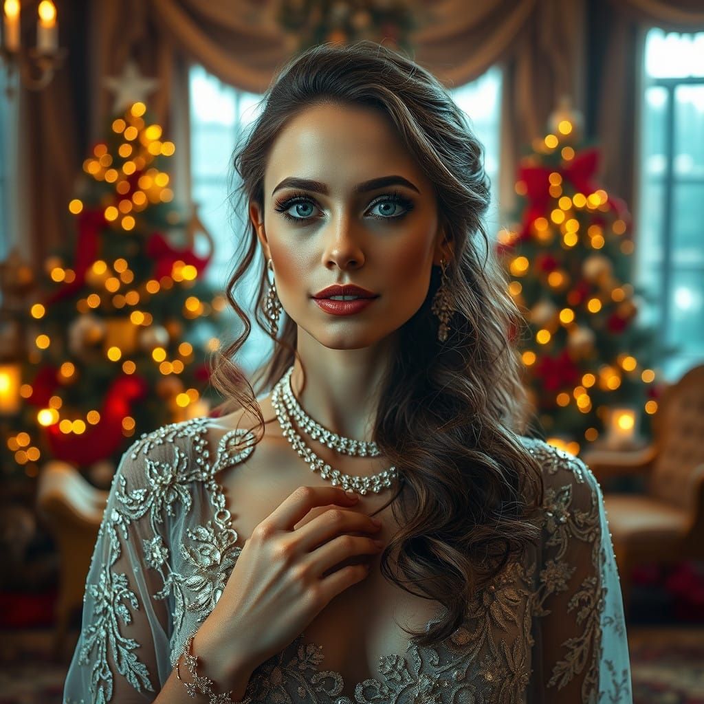 Elegant Christmas Self-Portrait with Hyperrealistic Detail