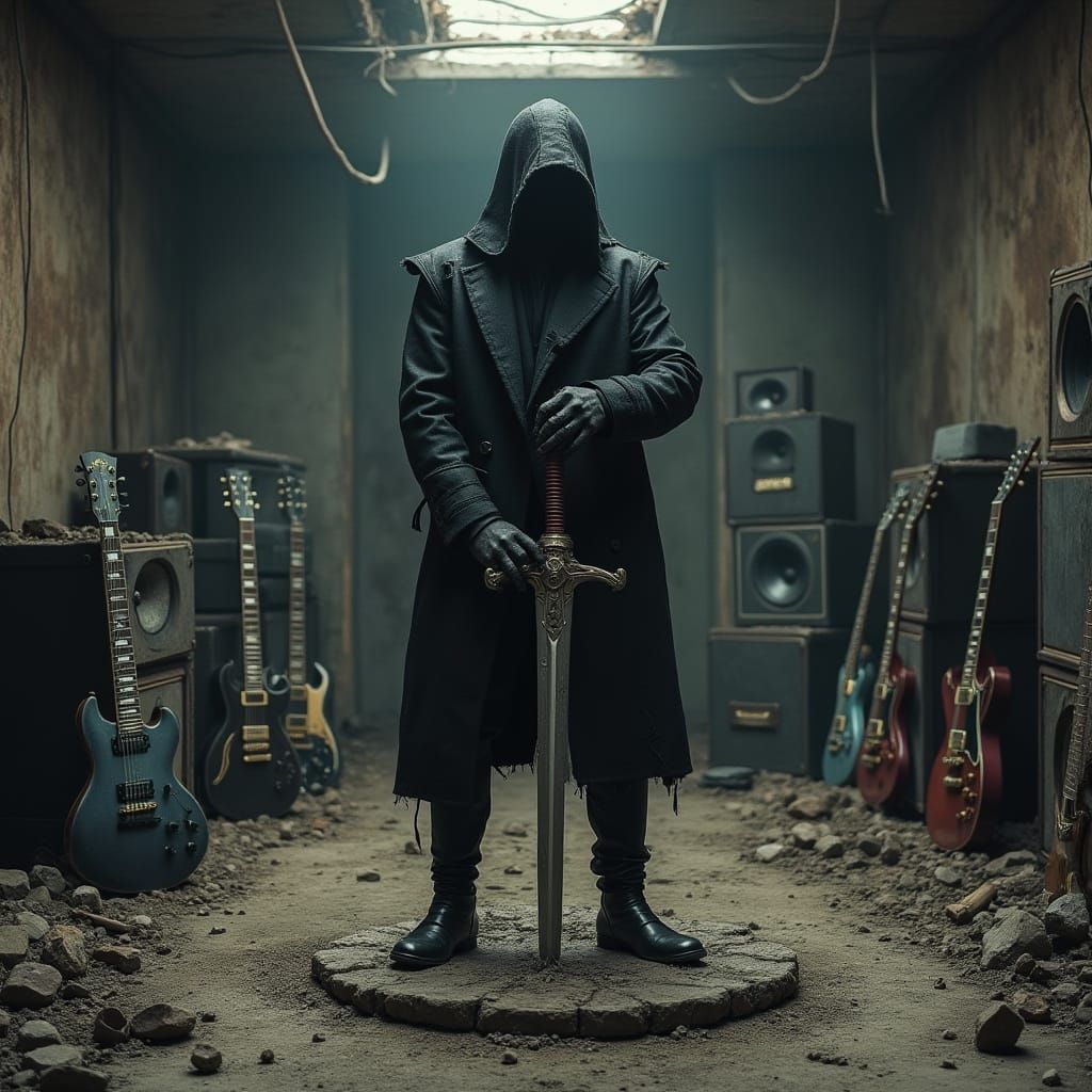 Hyper Realistic Figure with Excalibur in Ruined Black Metal ...