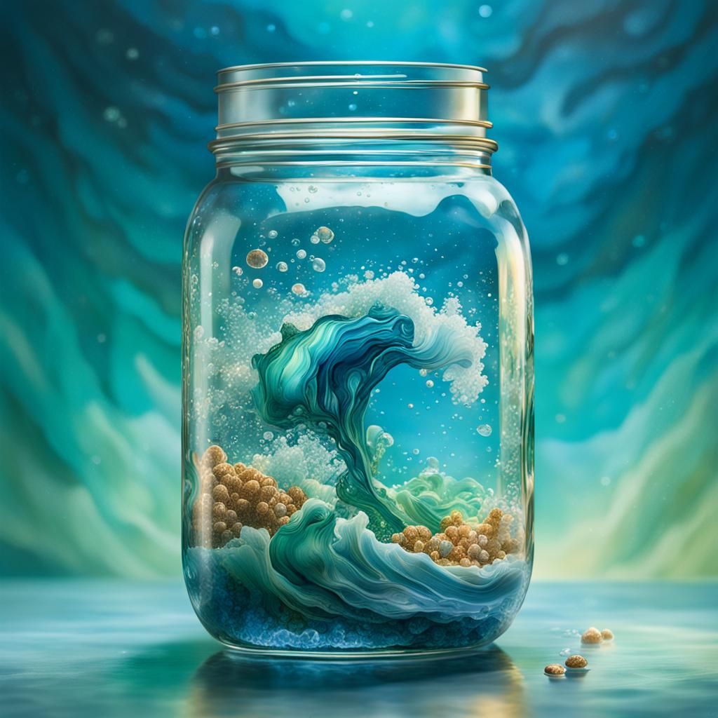 Ocean Swirl in Crystal Jar, Hyperrealistic Splash Art