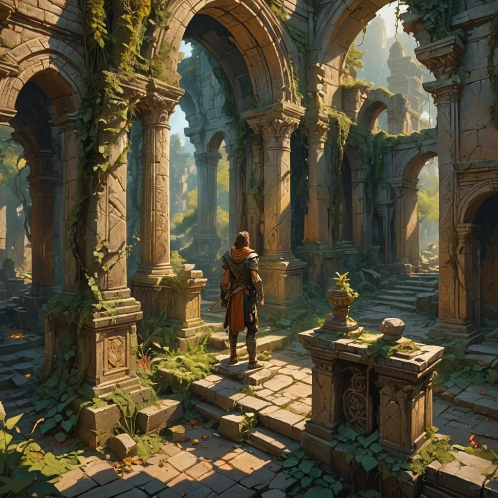Dwarf Ranger in Temple Ruins: Digital Fantasy Art