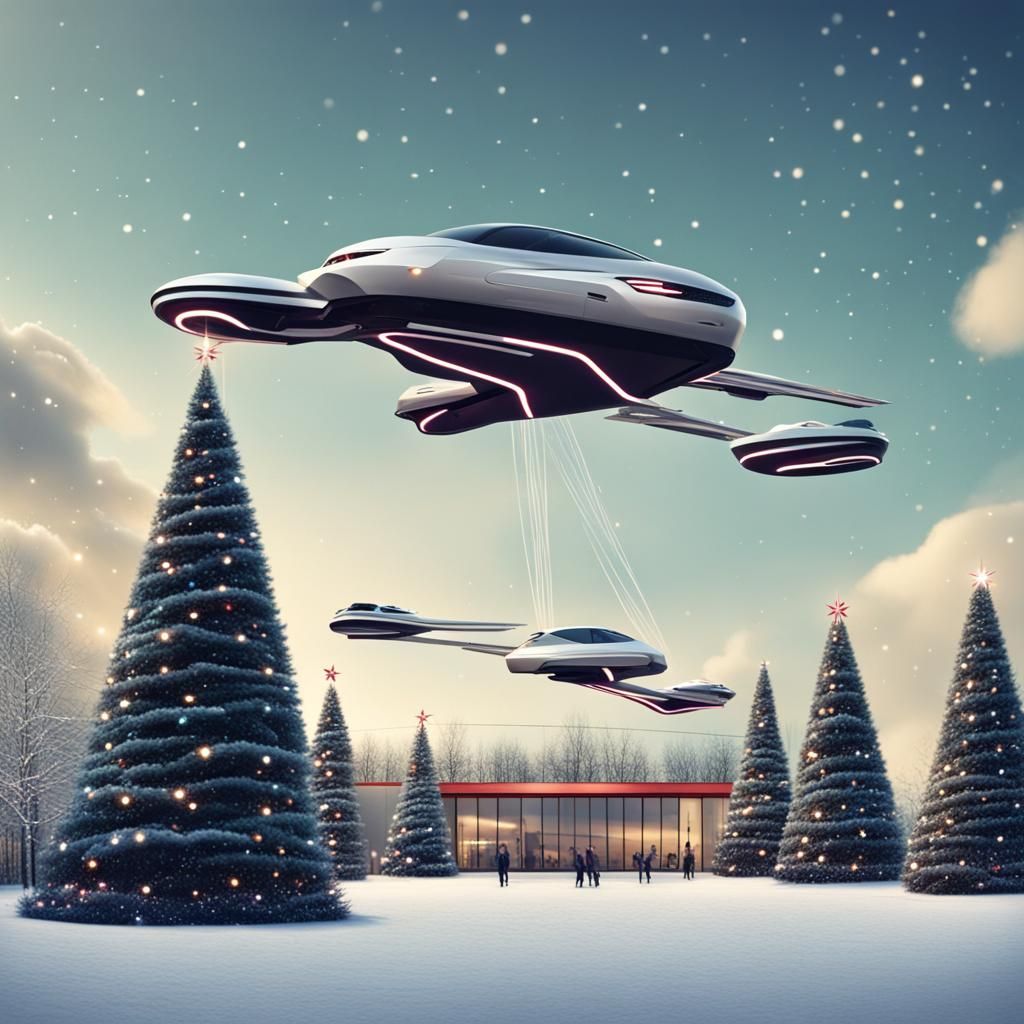 Giant Christmas Tree with Flying Cars in Future City
