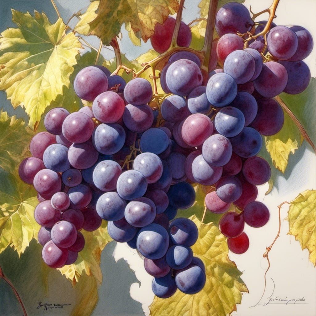 Detailed Sketch of Zinfandel Grapes on Vine