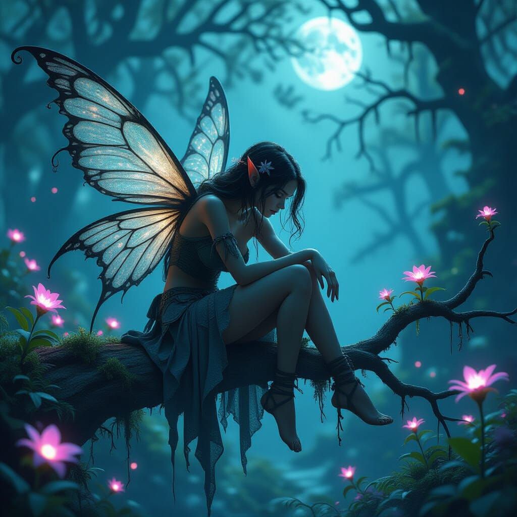 Ethereal Evil Fairy in Bioluminescent Forest