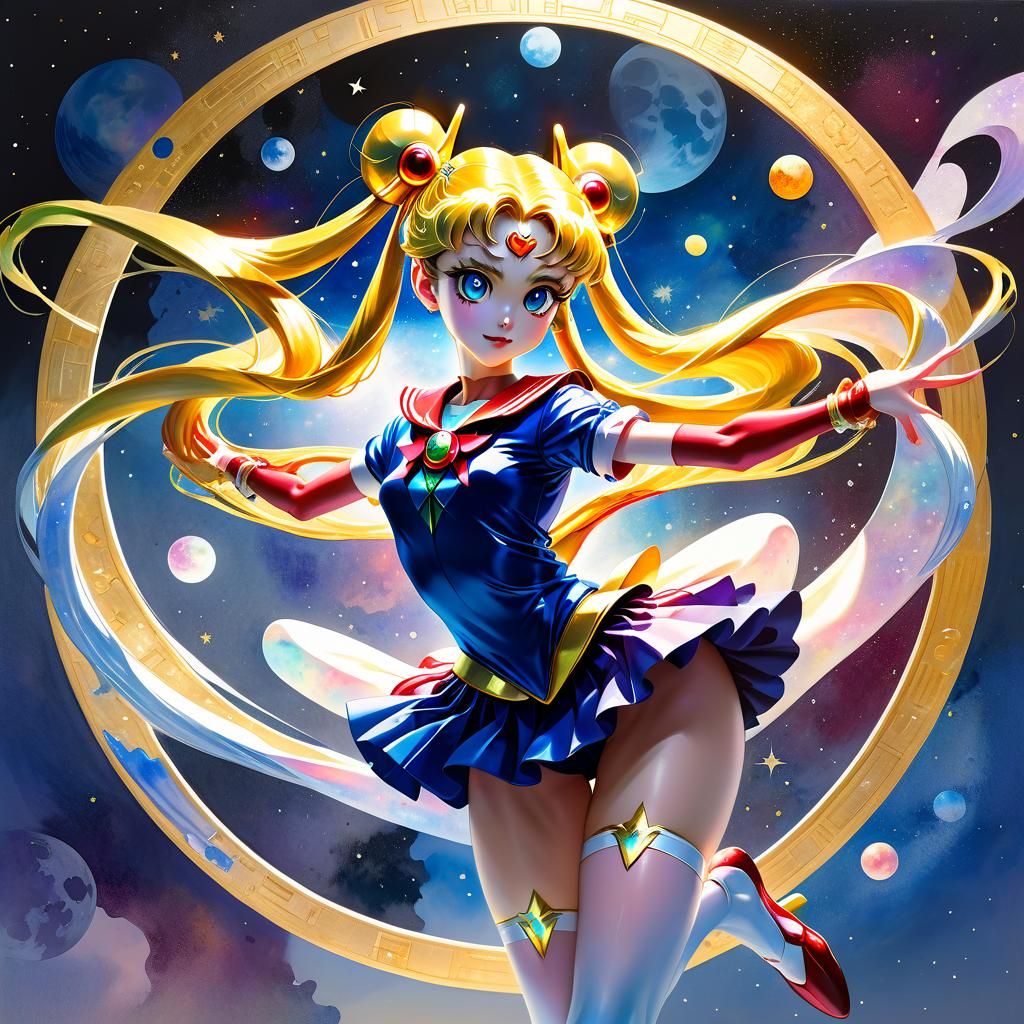Radiant Sailor Moon in Watercolor Portrait