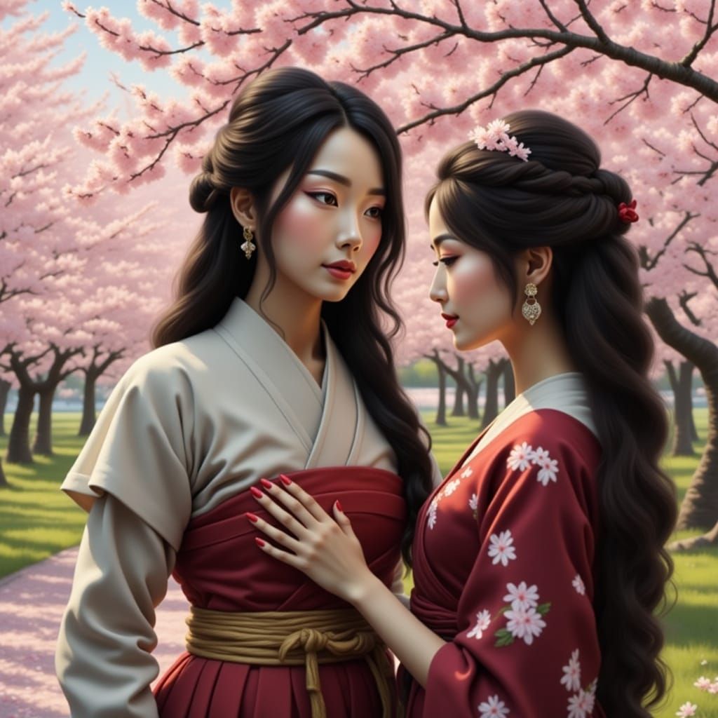 Samurai Reaching for Woman Under Cherry Tree