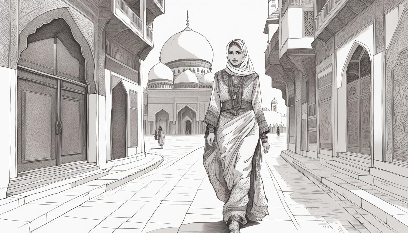Middle Eastern Woman in Street: Pen Line Drawing