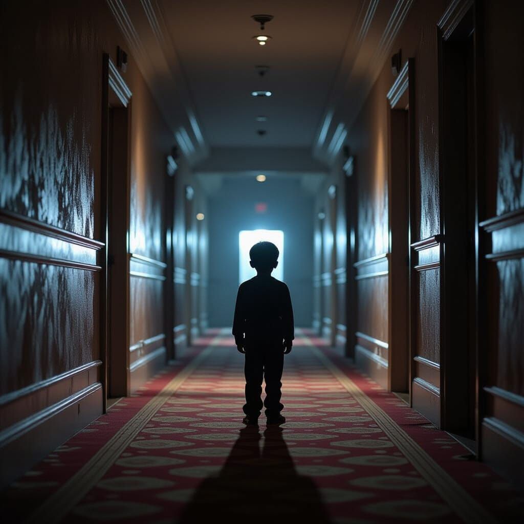 A lone, young boy stands at the end of a long, dimly lit hot...