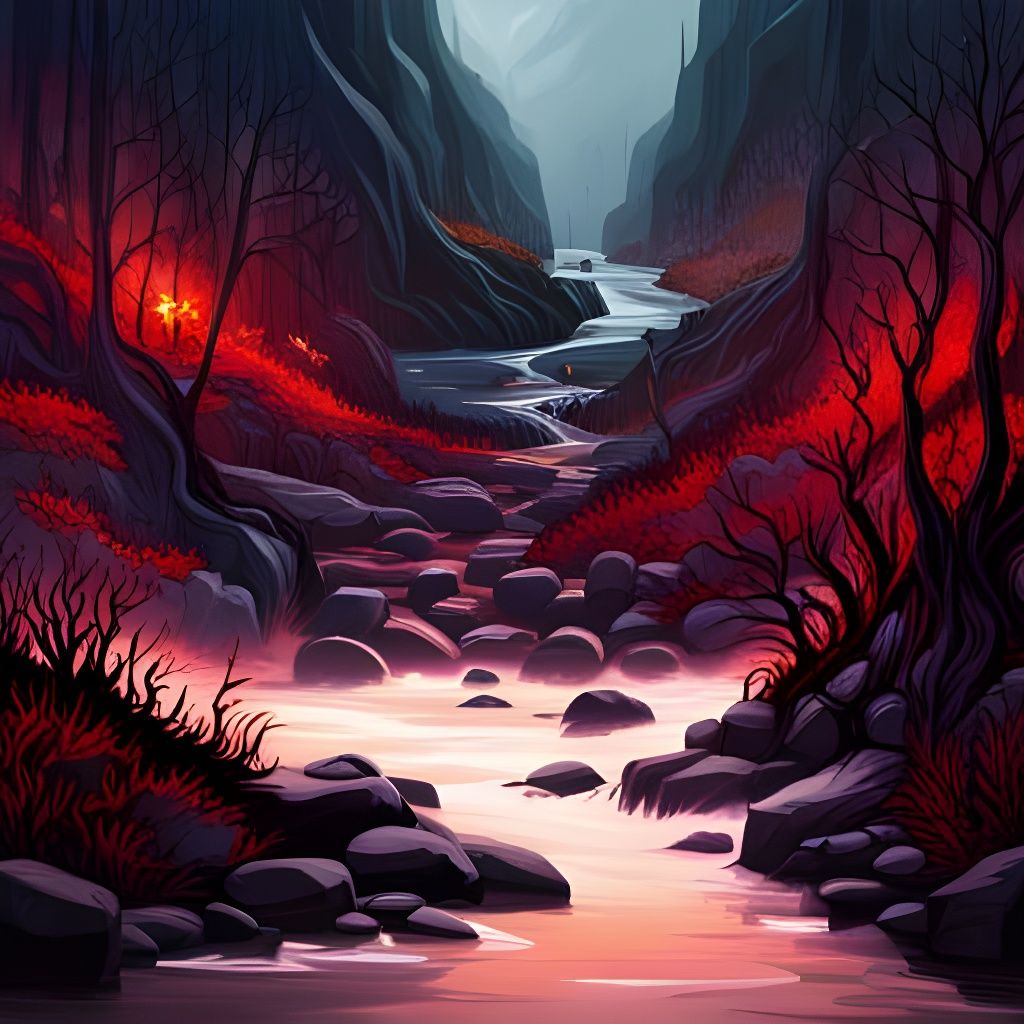 Hyperrealistic Blood River Amidst Ruined Roots