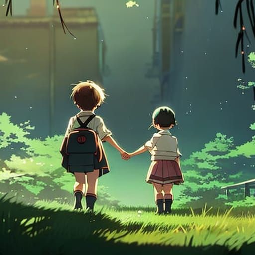 Toddlers Holding Hands: Anime-Inspired School Scene