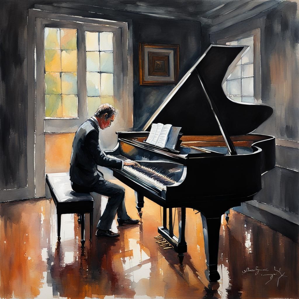 Watercolor Pianist in Rainy Dark Room
