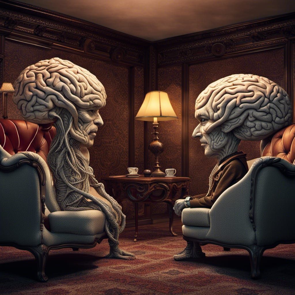 Illuminated and Confused Brains Chat on Couch