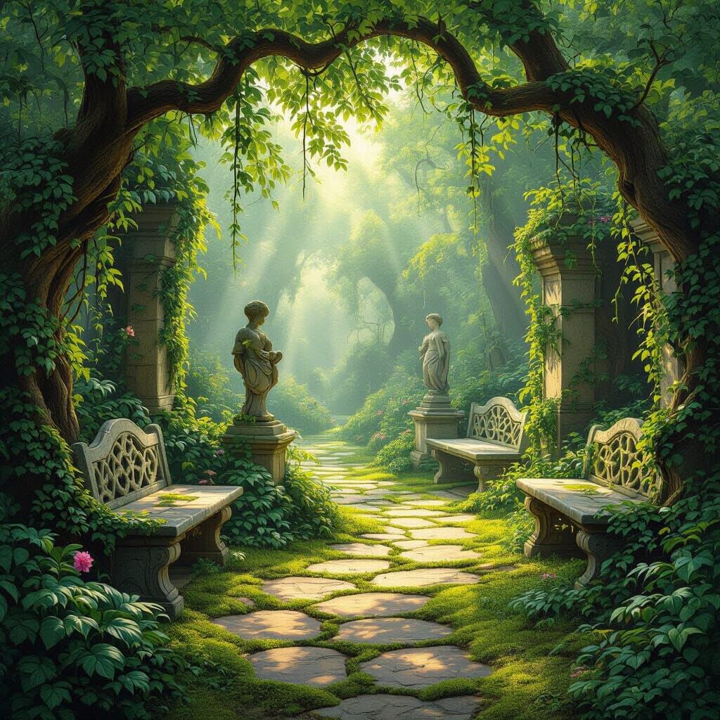 Mystical Overgrown Garden in Dappled Summer Sunlight