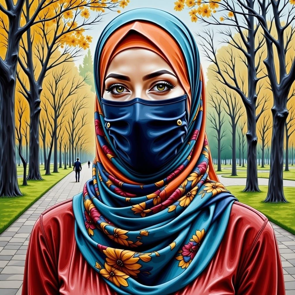Beautiful Woman in Hijab Portrait, Oil and Gouache Style
