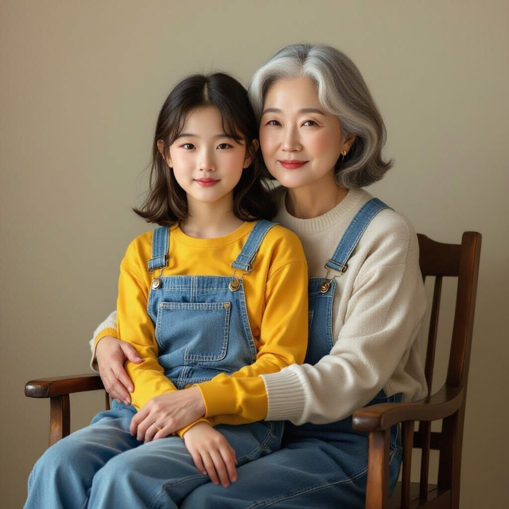 Girl in Overalls Embraced by Korean Woman
