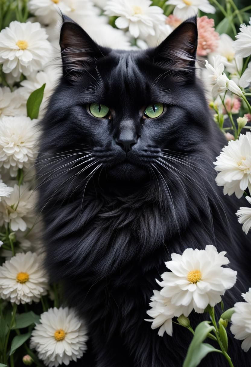 Fluffy Black Cat Surrounded by Flowers