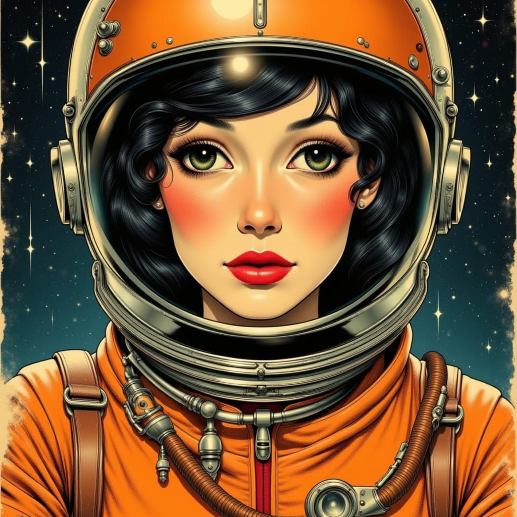 Retro Sci-Fi Portrait of Woman in Vintage Space Helmet