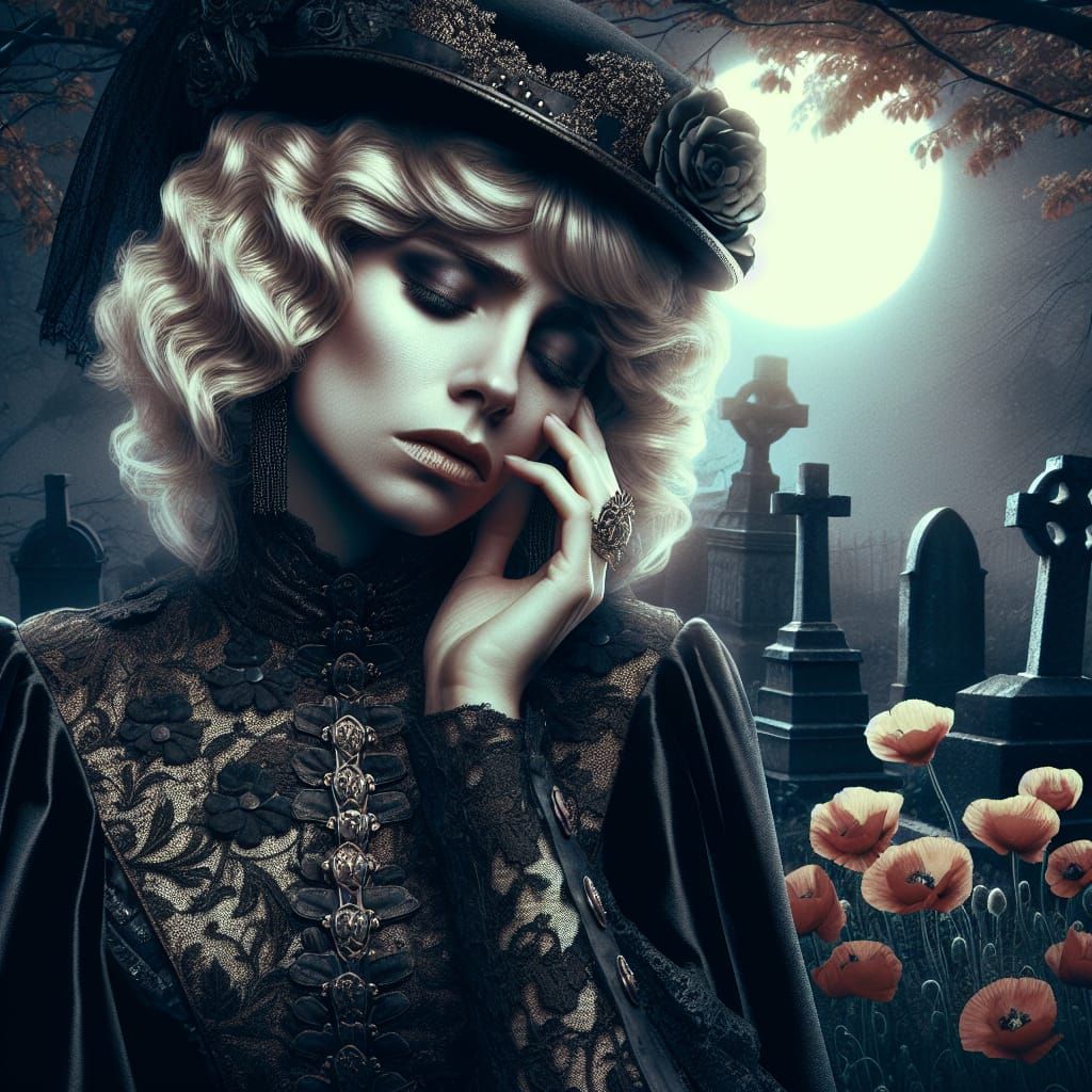 Steampunk Widow in Graveyard, Photorealistic Image