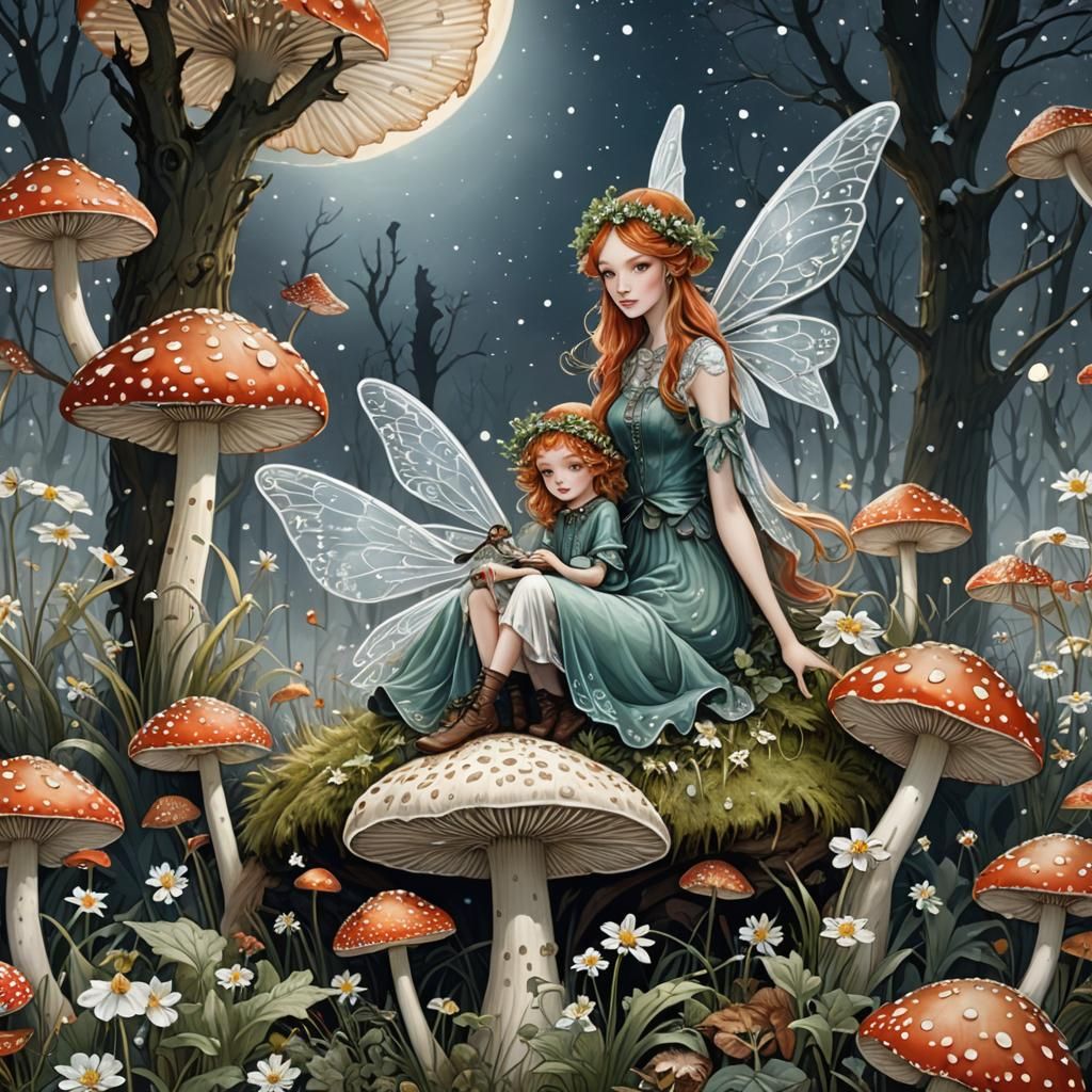 Fairies Greet Winter on Amanita Mushrooms