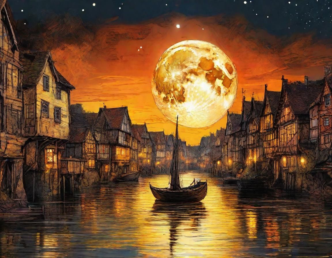 Moonlit Medieval Village in Fantasy Realism Style