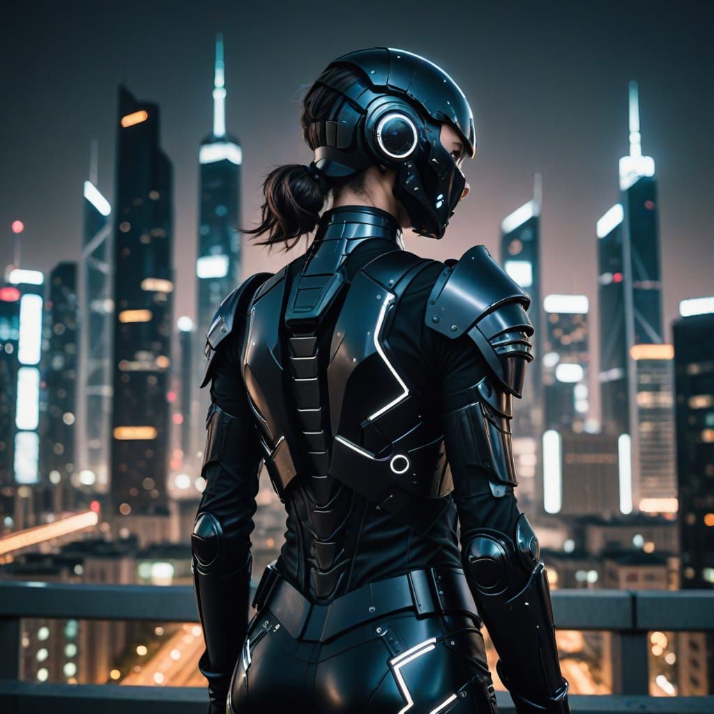 Girl in Futuristic Black Armour with Twisting Cityscape