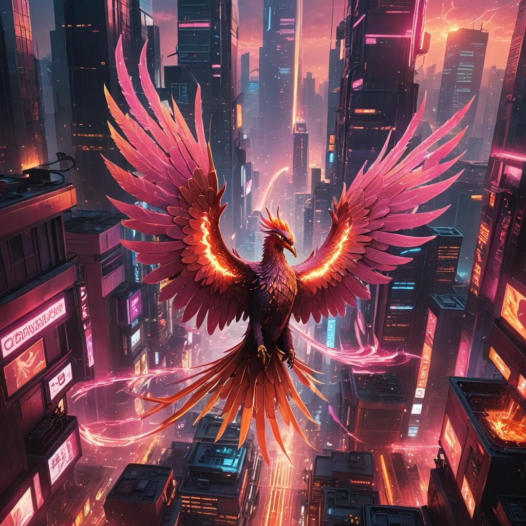 Cyberpunk Phoenix Soaring Over Futuristic Cityscape