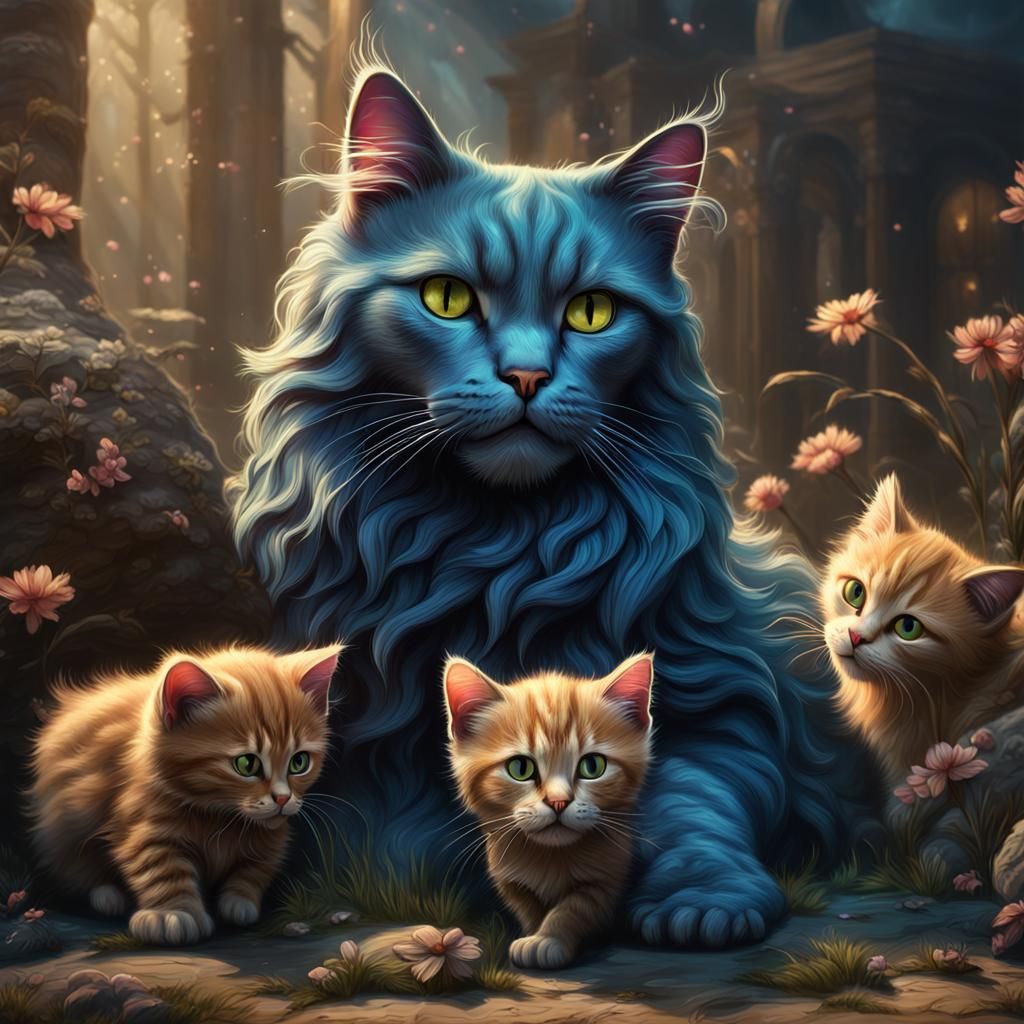 Mom Cat with Kittens in Detailed Matte Painting