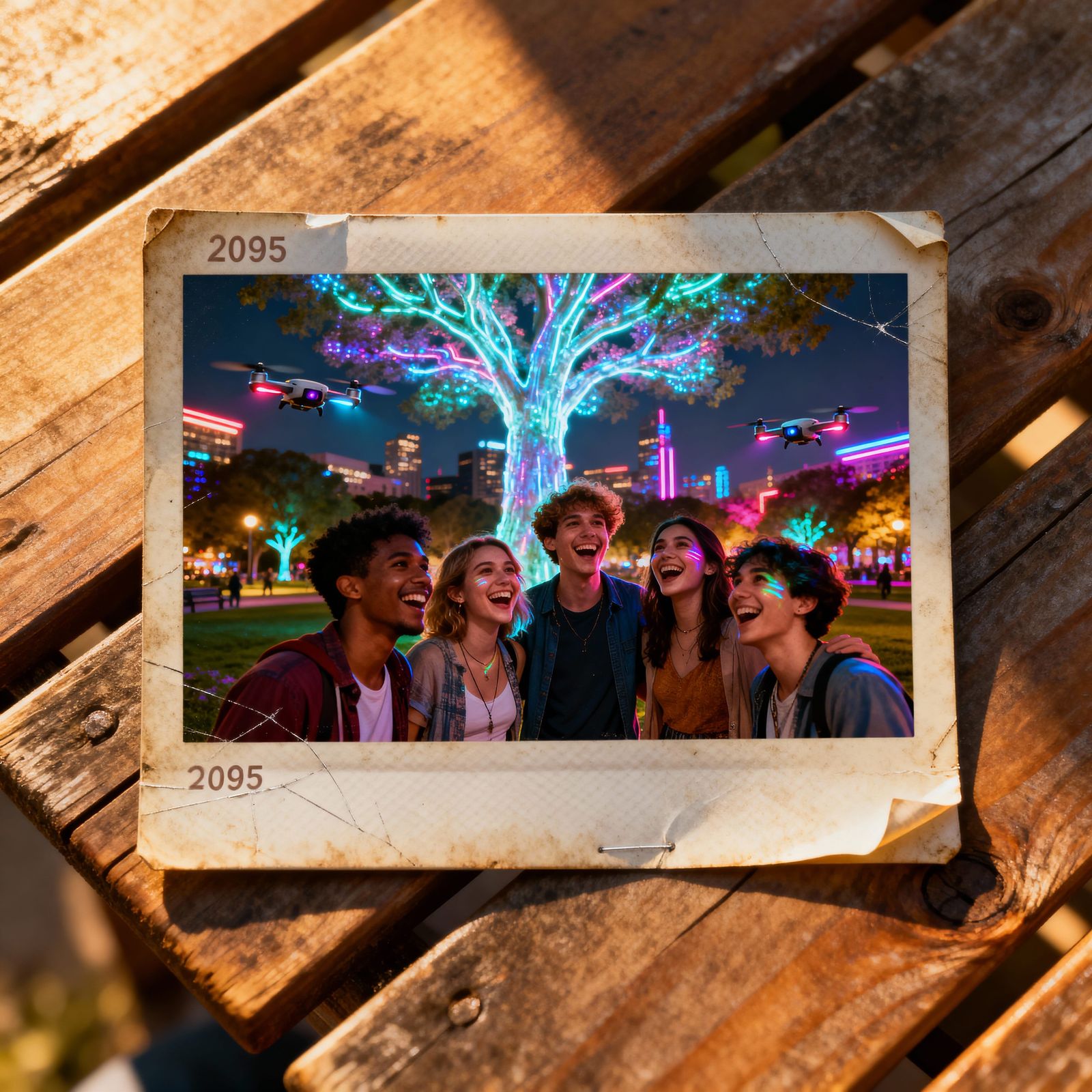 Nostalgic Future Photo: Friends Laughing in 2095 Park