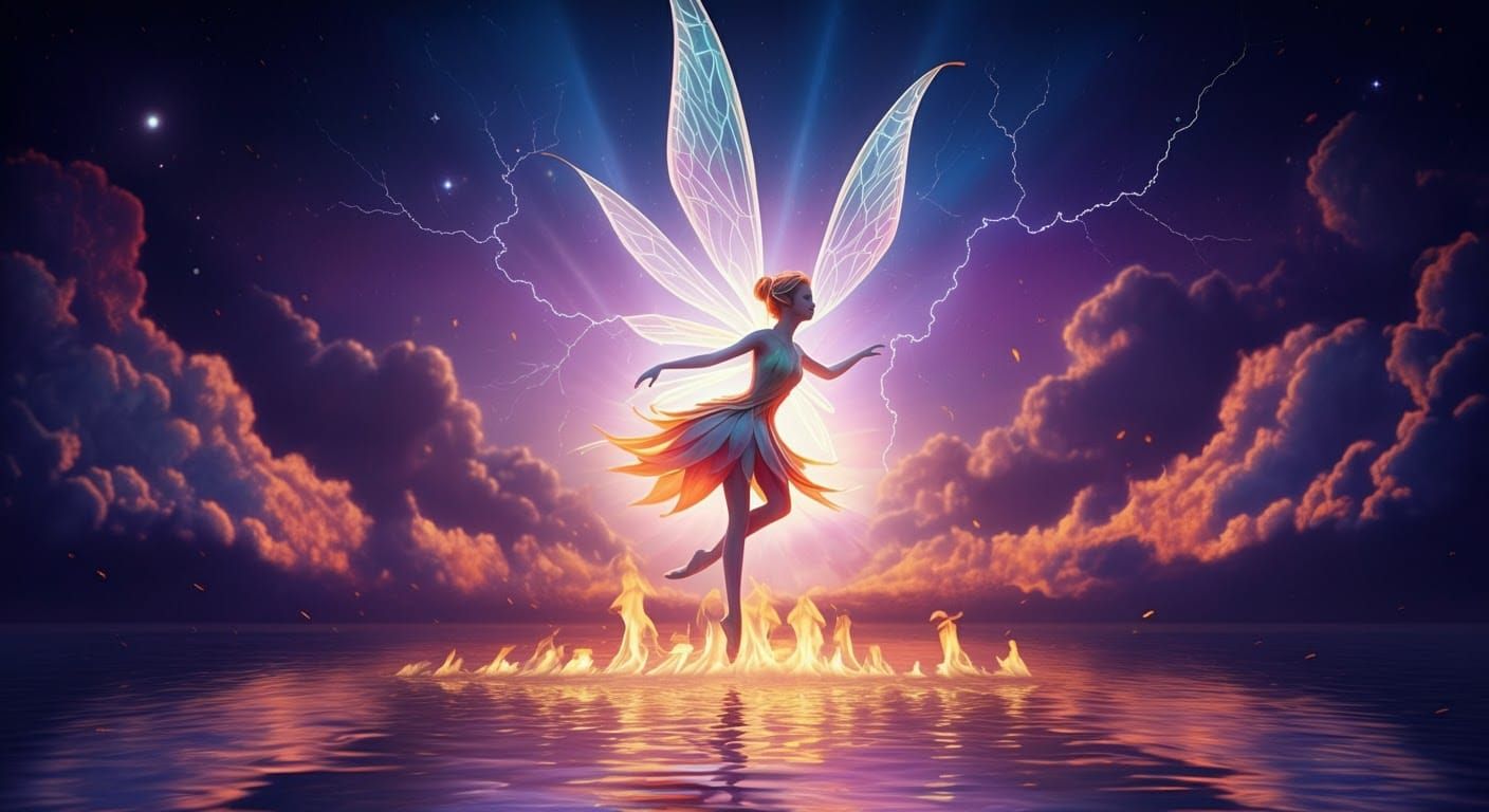 Fairy Dances Across Lake of Fire with Starburst Background