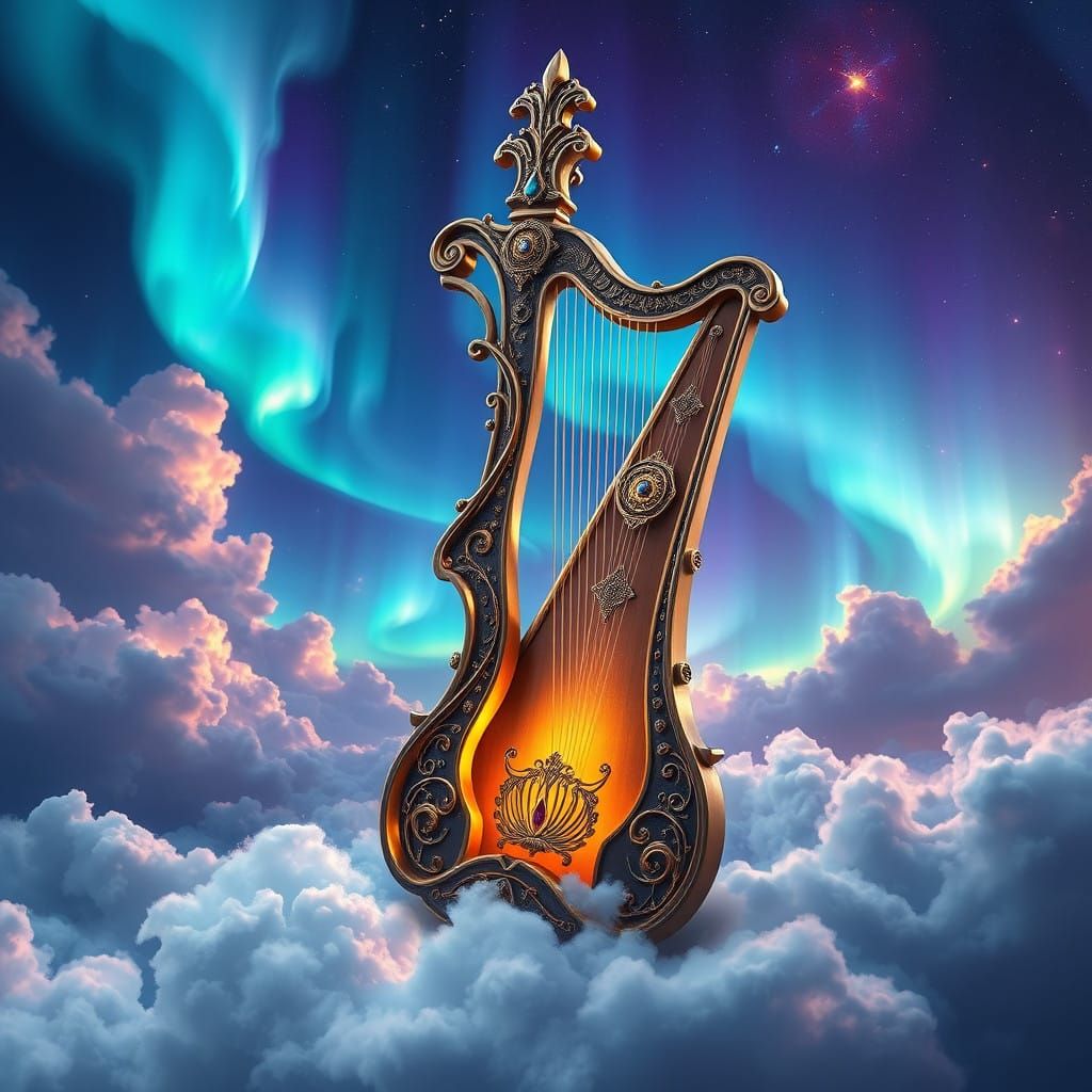 Mystical Lyre in Dreamlike Fantasy Landscape