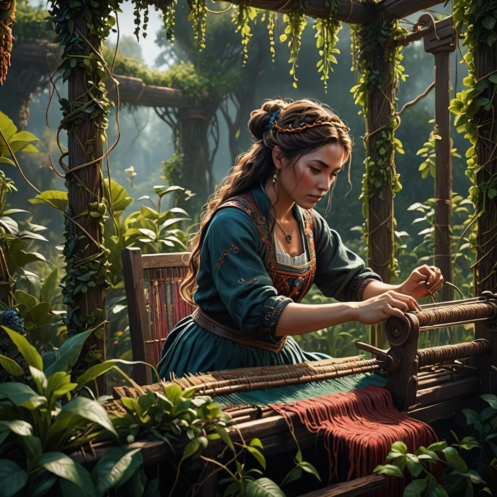 Woman Weaving Bushes and Loom: Detailed Matte Painting