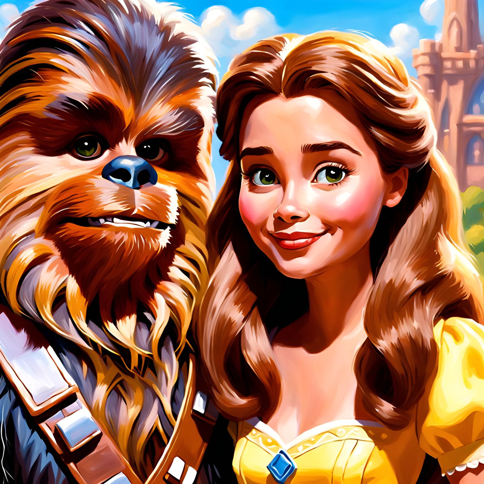 Princess Belle and Chewbacca in Love: Pixar Oil Painting