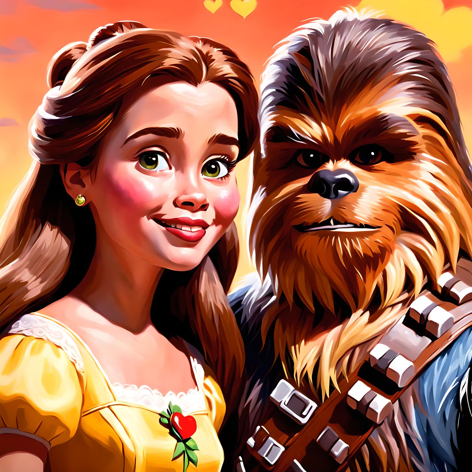 Princess Belle and Chewbacca in Love: Oil Painting