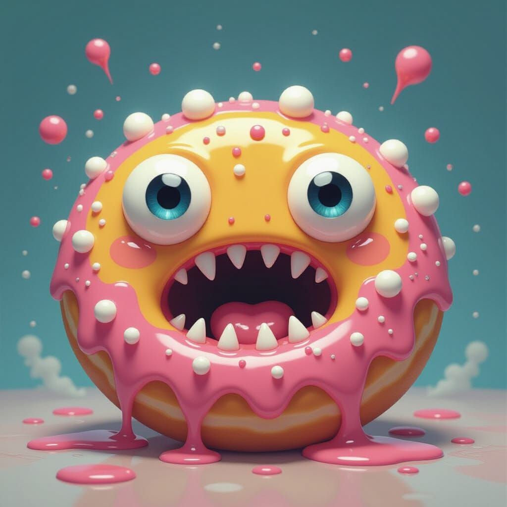 Surreal Donut with Bubbling Eyes and Fangs