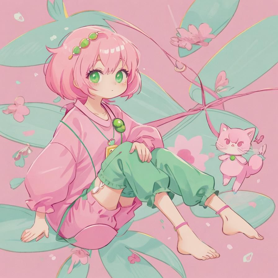 Adorable Pink Cartoon Girl in Green Necklace