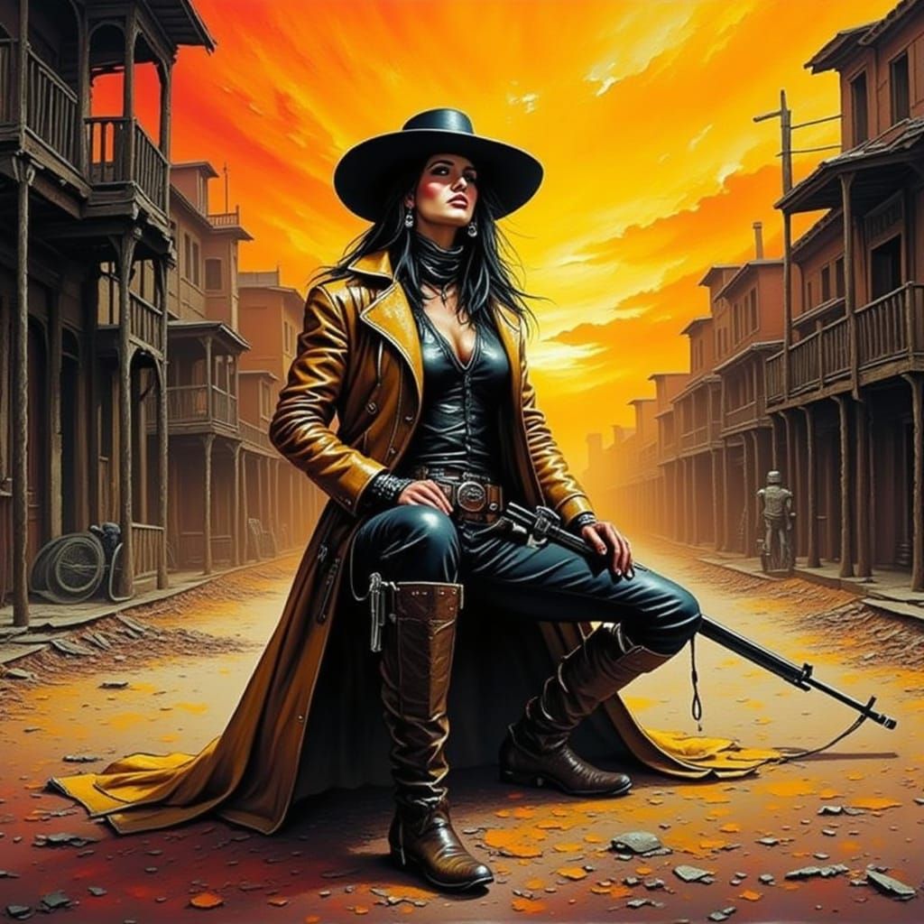 Female Outlaw in Ghost Town at Sunset