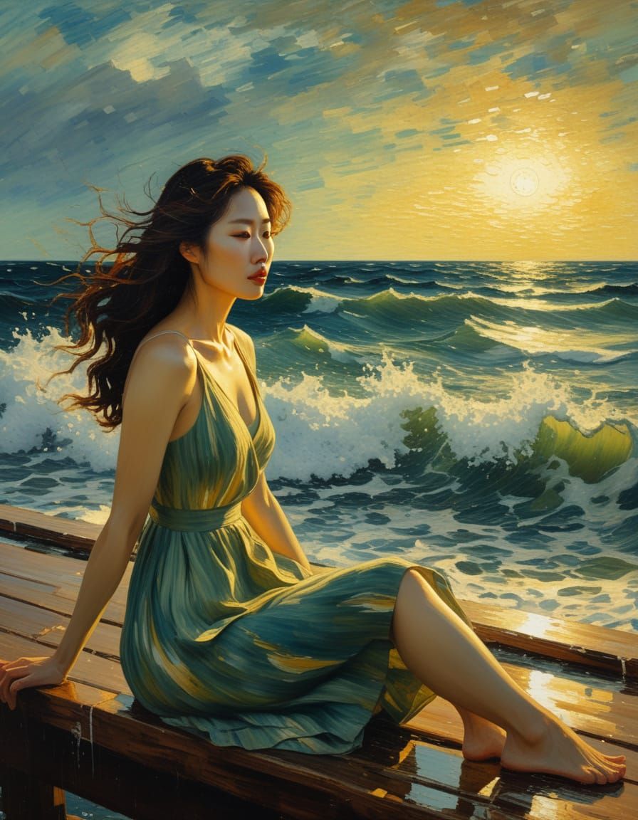 Korean Woman on Pier at Dusk: an Impasto Painting