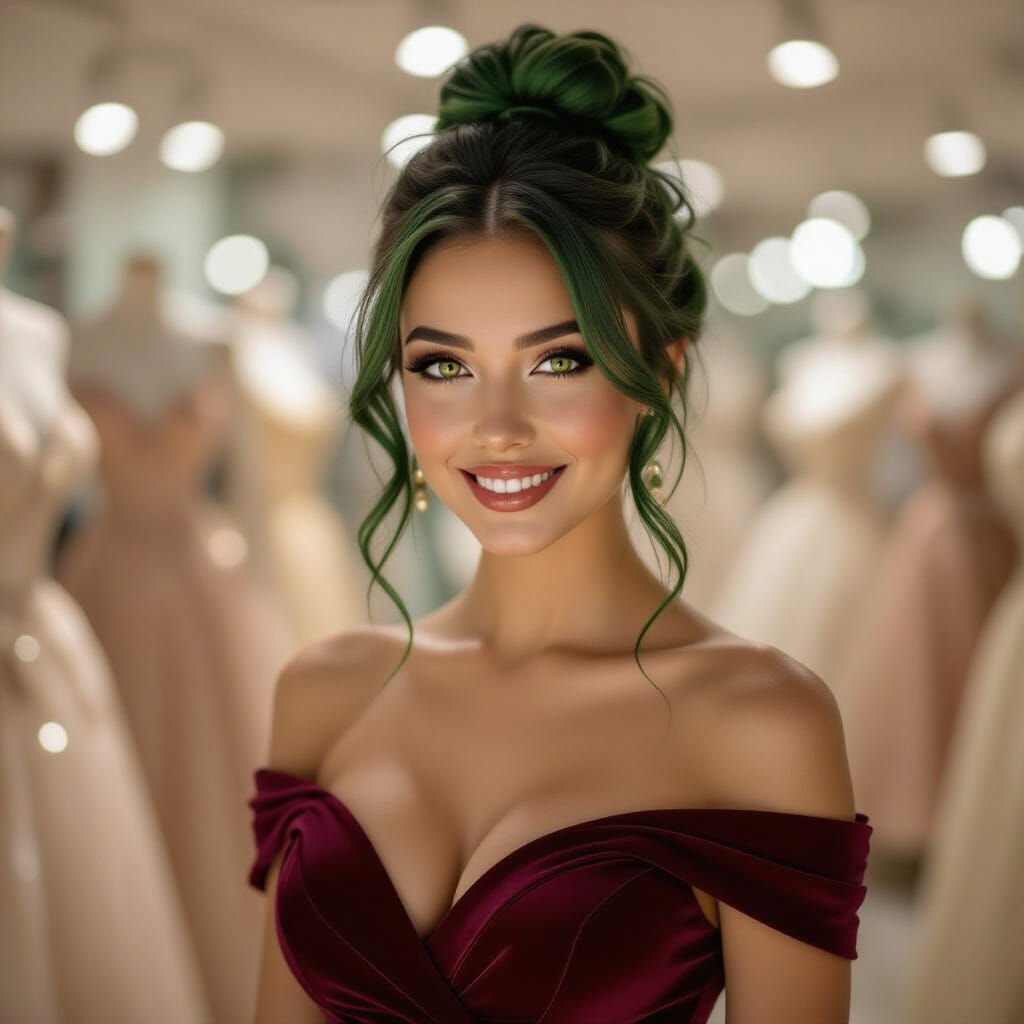 Green Haired Woman in Burgundy Gown at Dress Shop