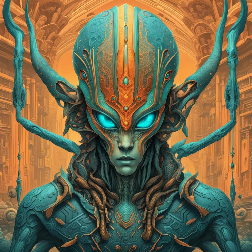 Alien Portrait with Symmetrical Patterns and Vivid Colors
