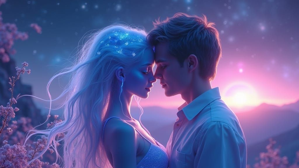 Loving Alien Encounter on a Glowing Nebula Planet