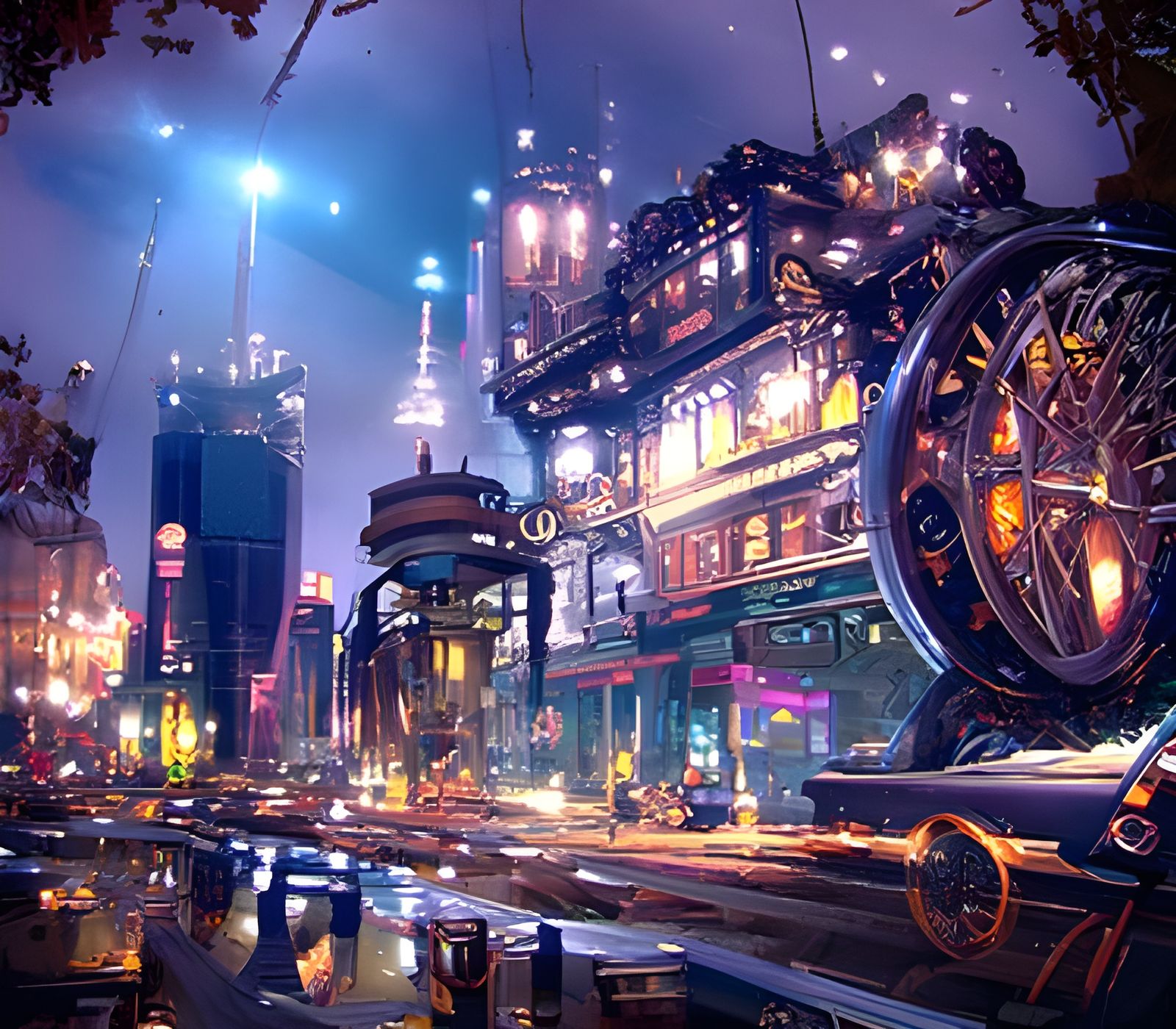 Serene Steampunk Cityscape at Night