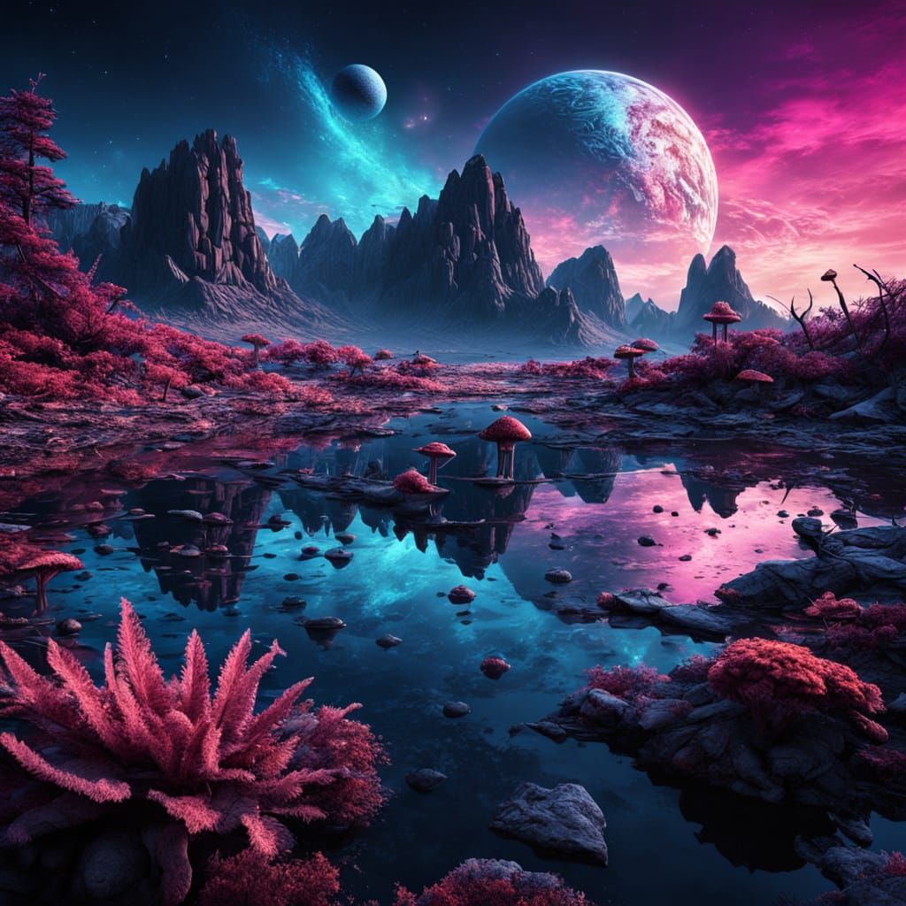 Surreal Alien Planet with Floating Rocks and Neon Skies