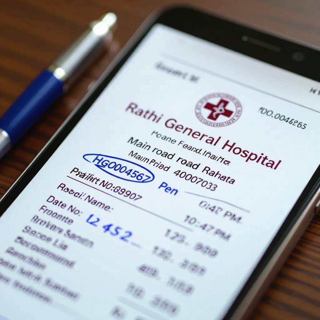 Realistic Hospital Receipt on Wooden Table with Blue Ink Det...