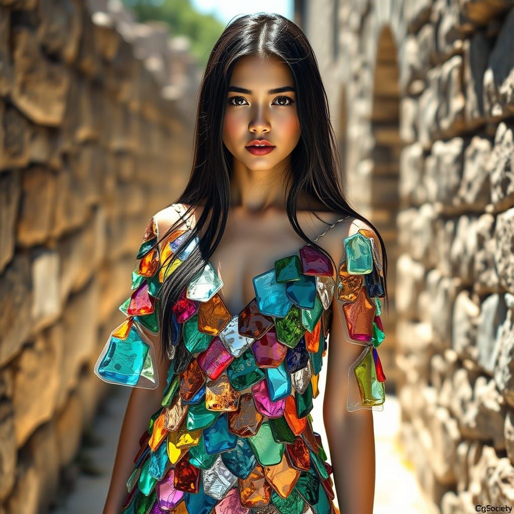 Woman in Multicolored Glass Scale Gown