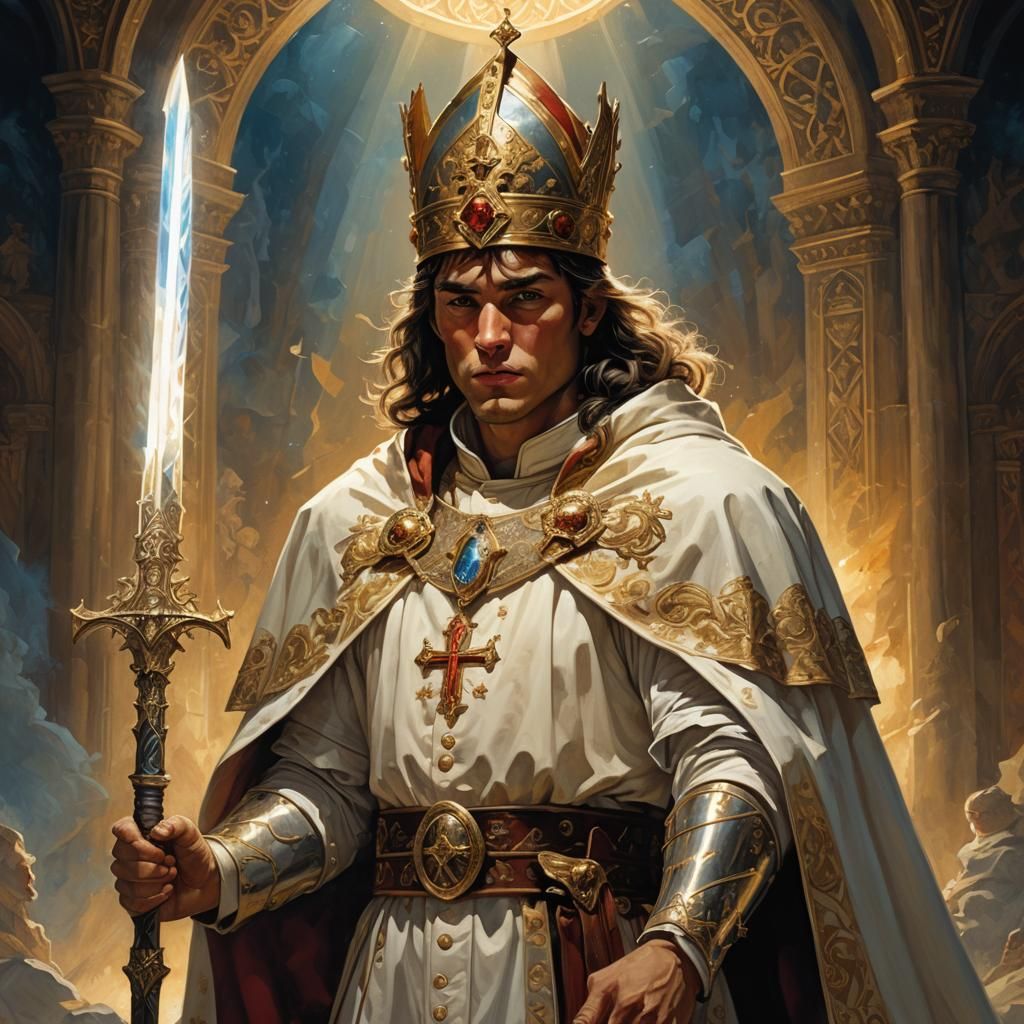 Fantasy Young Man with Papal Hat and Sword