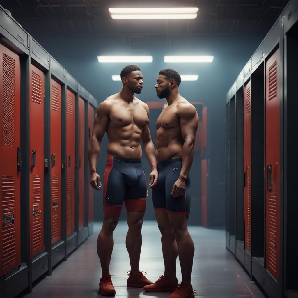 Men in Puma Underwear in Locker Room: Digital Art