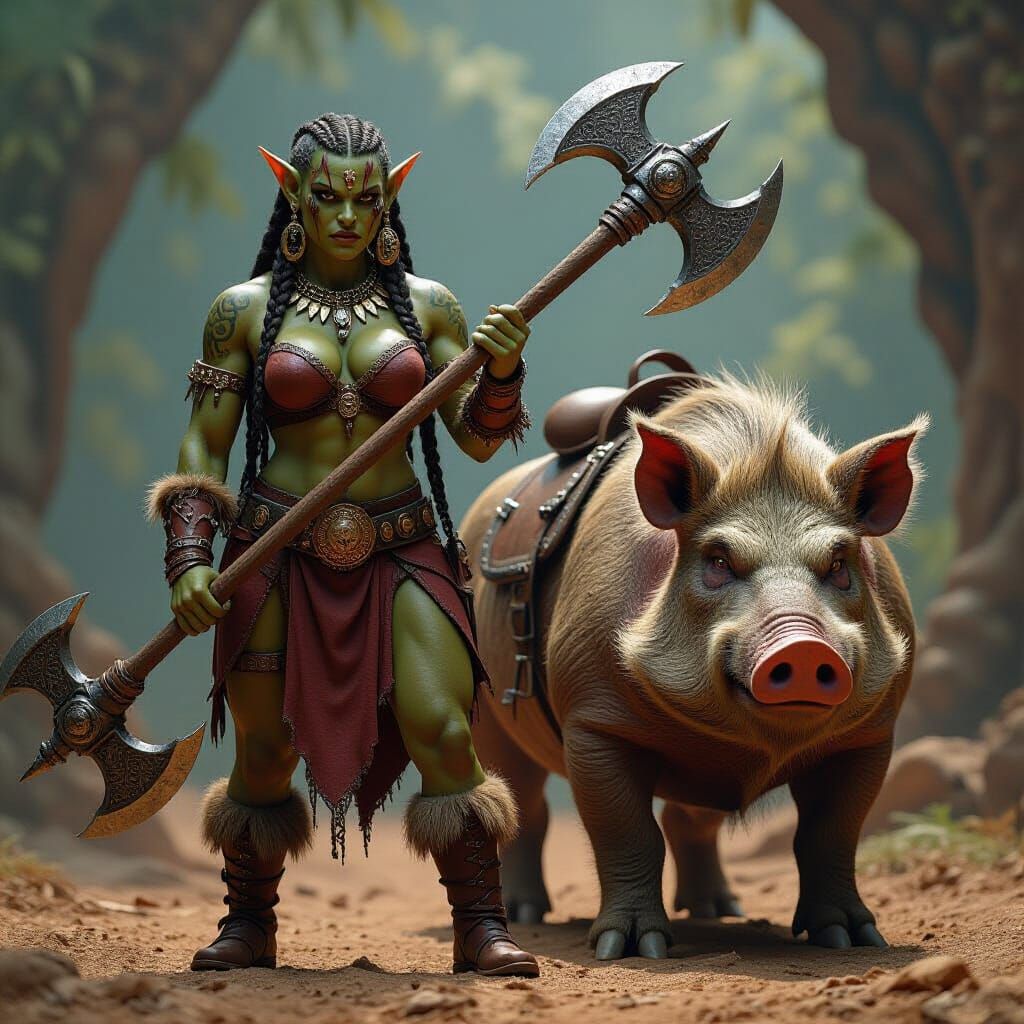 Golden Skinned Orc Warrior with Dire Hog